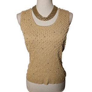 Cache Womens Gold Metallic Pearl Embellished Tank Top Size M Party Glam Holiday